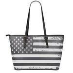 Grey And White American Flag Print Leather Tote Bag
