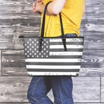 Grey And White American Flag Print Leather Tote Bag