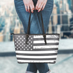 Grey And White American Flag Print Leather Tote Bag