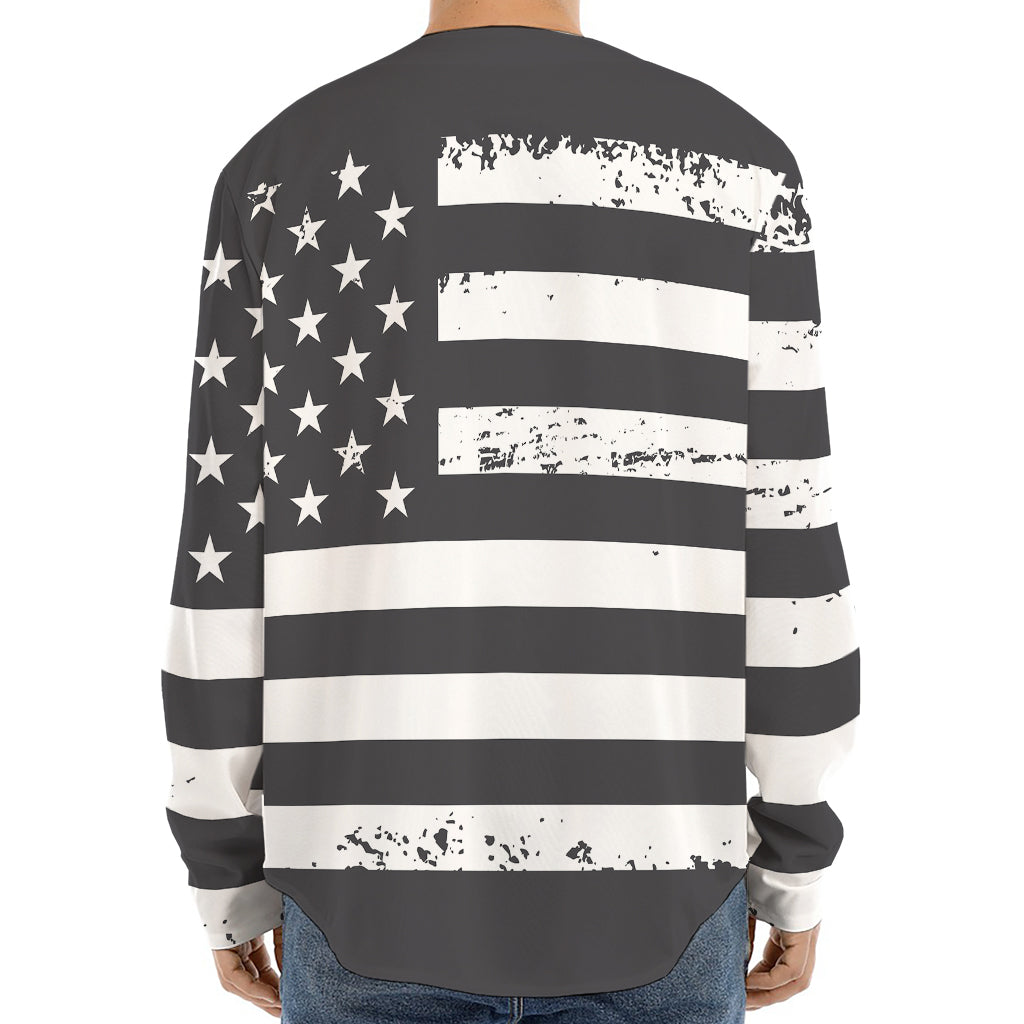 Grey And White American Flag Print Long Sleeve Baseball Jersey