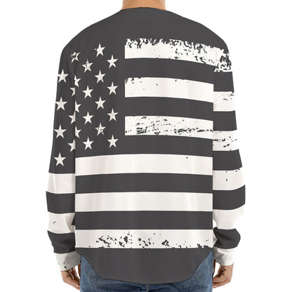 Grey And White American Flag Print Long Sleeve Baseball Jersey