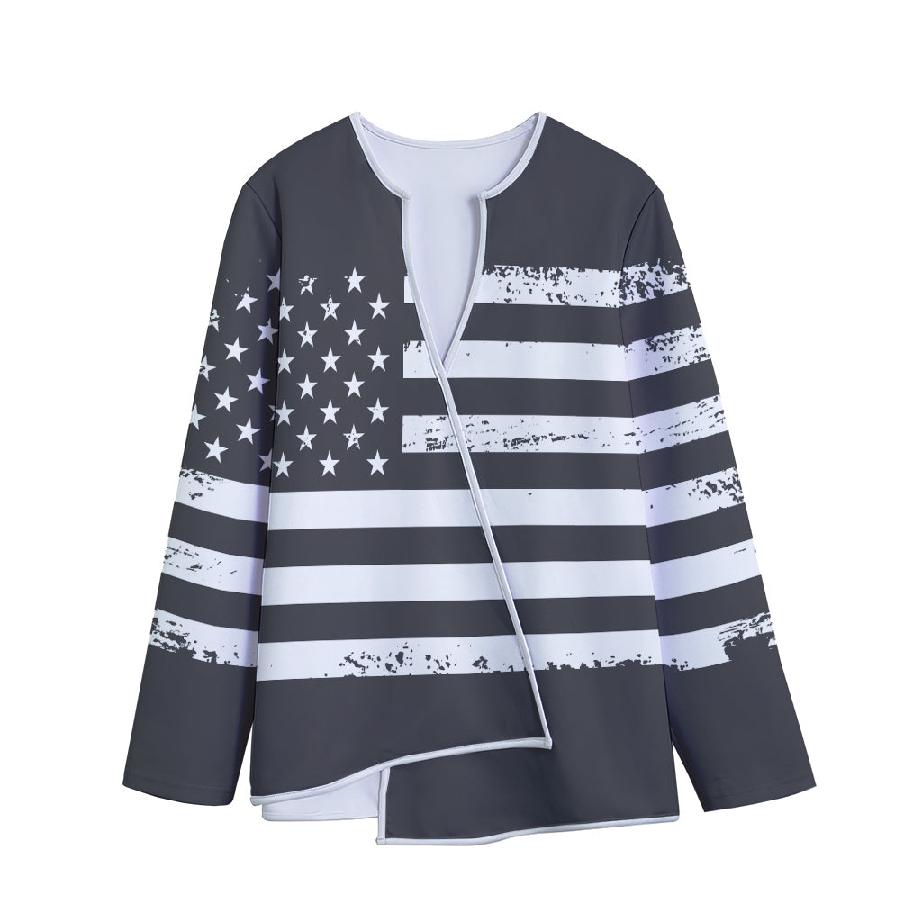 Grey And White American Flag Print Long Sleeve Short Coat