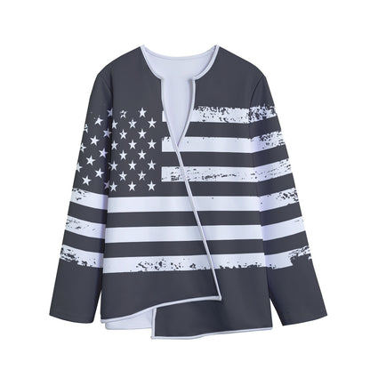 Grey And White American Flag Print Long Sleeve Short Coat