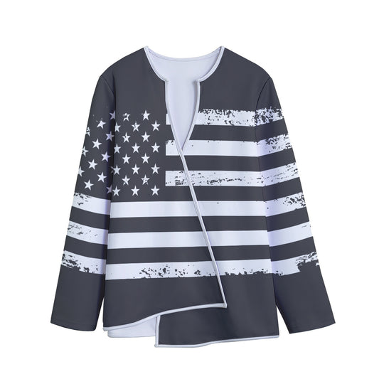 Grey And White American Flag Print Long Sleeve Short Coat