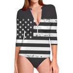 Grey And White American Flag Print Long Sleeve Swimsuit