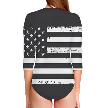 Grey And White American Flag Print Long Sleeve Swimsuit