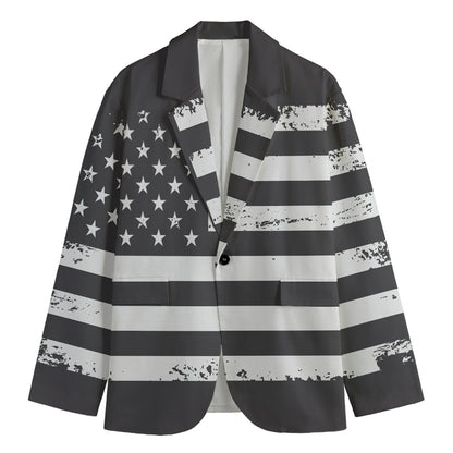 Grey And White American Flag Print Men's Blazer