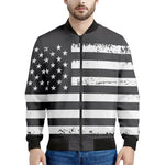 Grey And White American Flag Print Men's Bomber Jacket