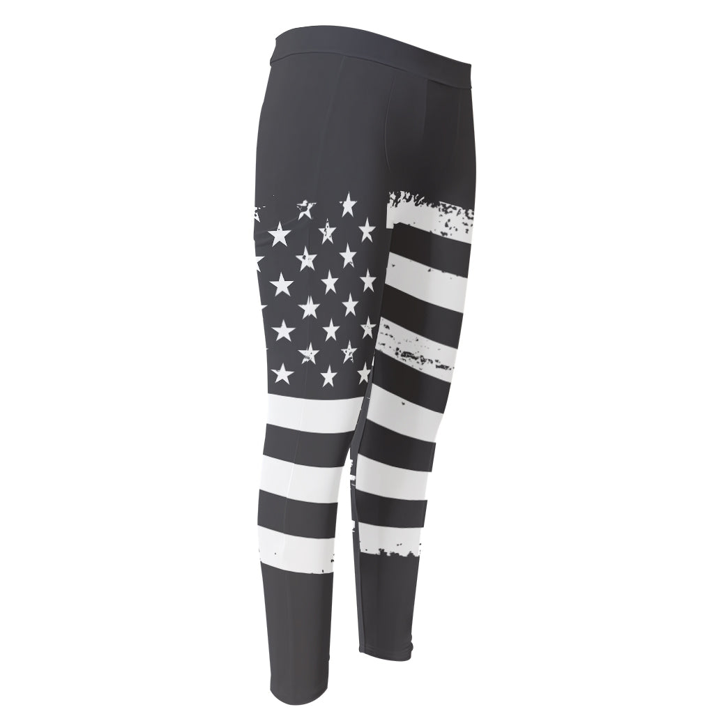 Grey And White American Flag Print Men's Compression Pants