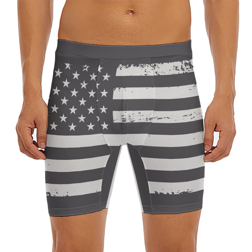 Grey And White American Flag Print Men's Long Boxer Briefs