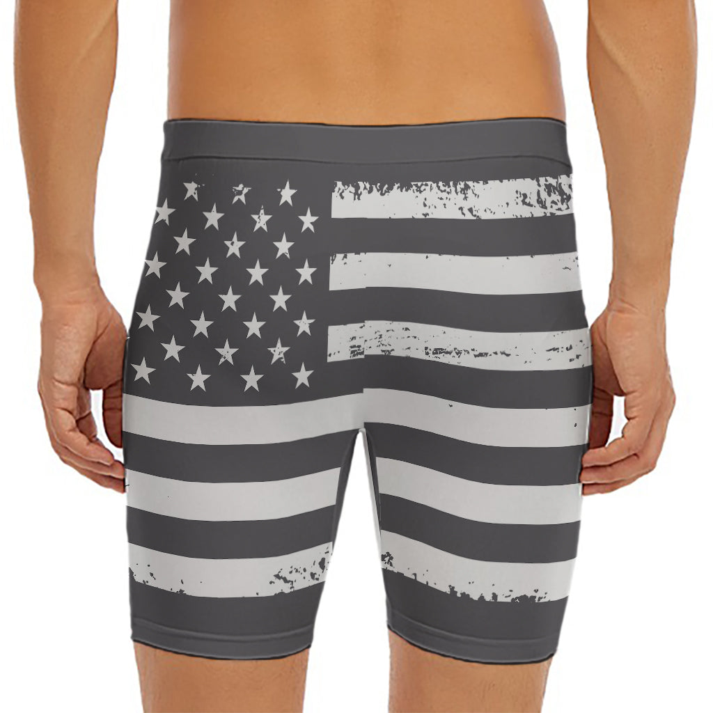 Grey And White American Flag Print Men's Long Boxer Briefs