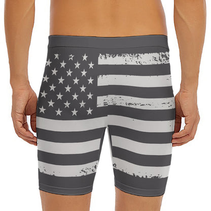 Grey And White American Flag Print Men's Long Boxer Briefs