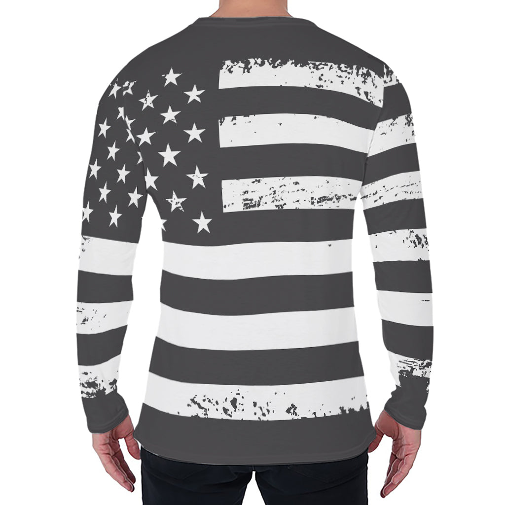 Grey And White American Flag Print Men's Long Sleeve T-Shirt