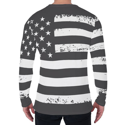 Grey And White American Flag Print Men's Long Sleeve T-Shirt