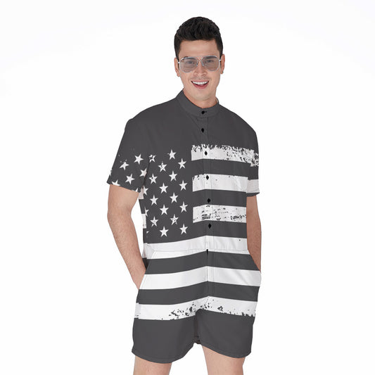 Grey And White American Flag Print Men's Rompers