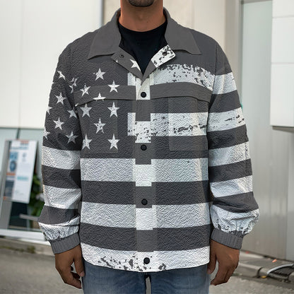 Grey And White American Flag Print Men's Shirt Jacket