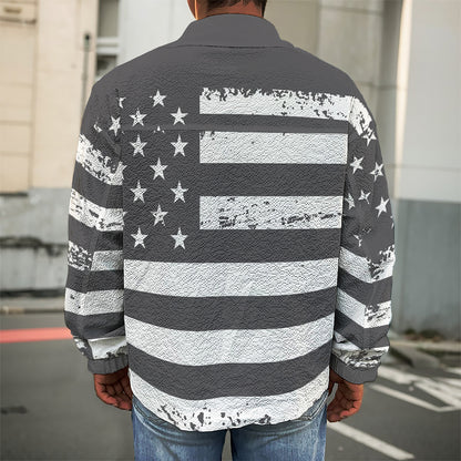 Grey And White American Flag Print Men's Shirt Jacket