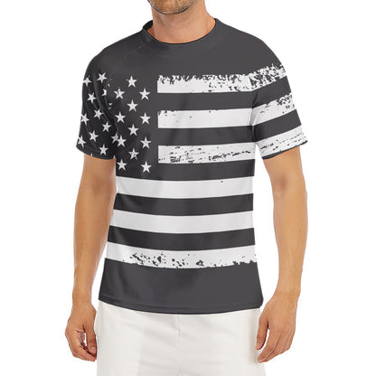 Grey And White American Flag Print Men's Short Sleeve Rash Guard