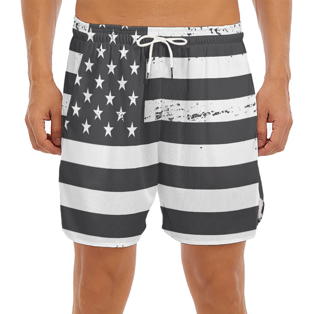 Grey And White American Flag Print Men's Split Running Shorts
