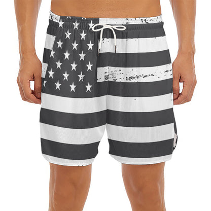 Grey And White American Flag Print Men's Split Running Shorts