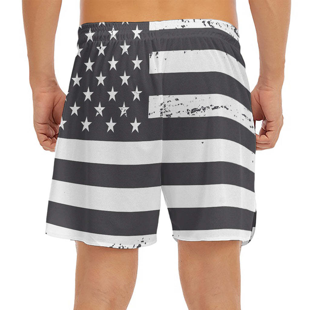 Grey And White American Flag Print Men's Split Running Shorts