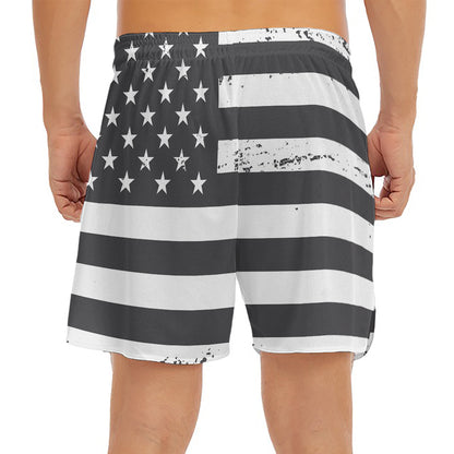 Grey And White American Flag Print Men's Split Running Shorts