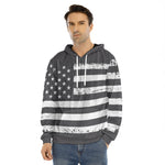 Grey And White American Flag Print Men's Velvet Pullover Hoodie