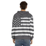 Grey And White American Flag Print Men's Velvet Pullover Hoodie