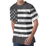 Grey And White American Flag Print Men's Velvet T-Shirt