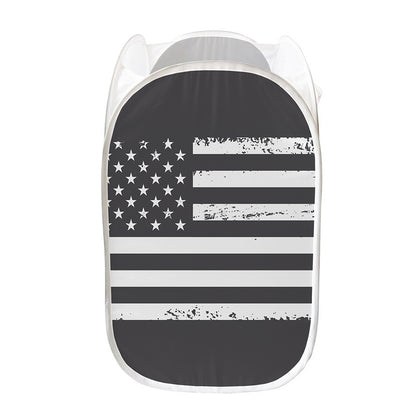 Grey And White American Flag Print Mesh Laundry Hamper