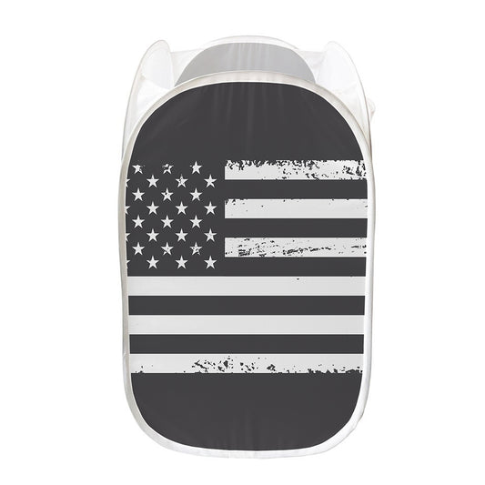 Grey And White American Flag Print Mesh Laundry Hamper