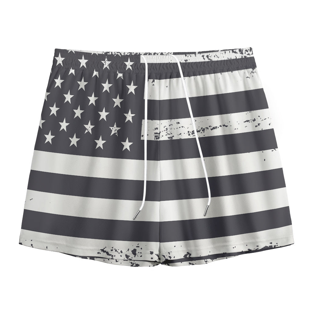 Grey And White American Flag Print Mesh Shorts