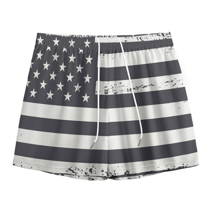 Grey And White American Flag Print Mesh Shorts