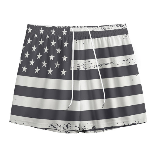 Grey And White American Flag Print Mesh Shorts