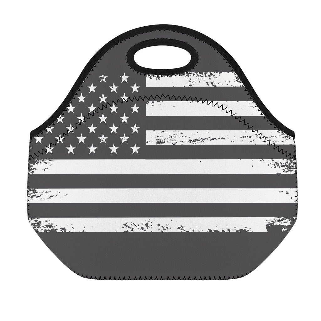 Grey And White American Flag Print Neoprene Lunch Bag