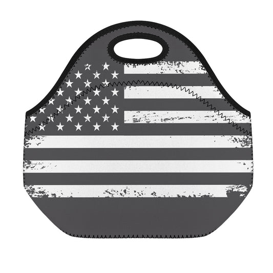 Grey And White American Flag Print Neoprene Lunch Bag