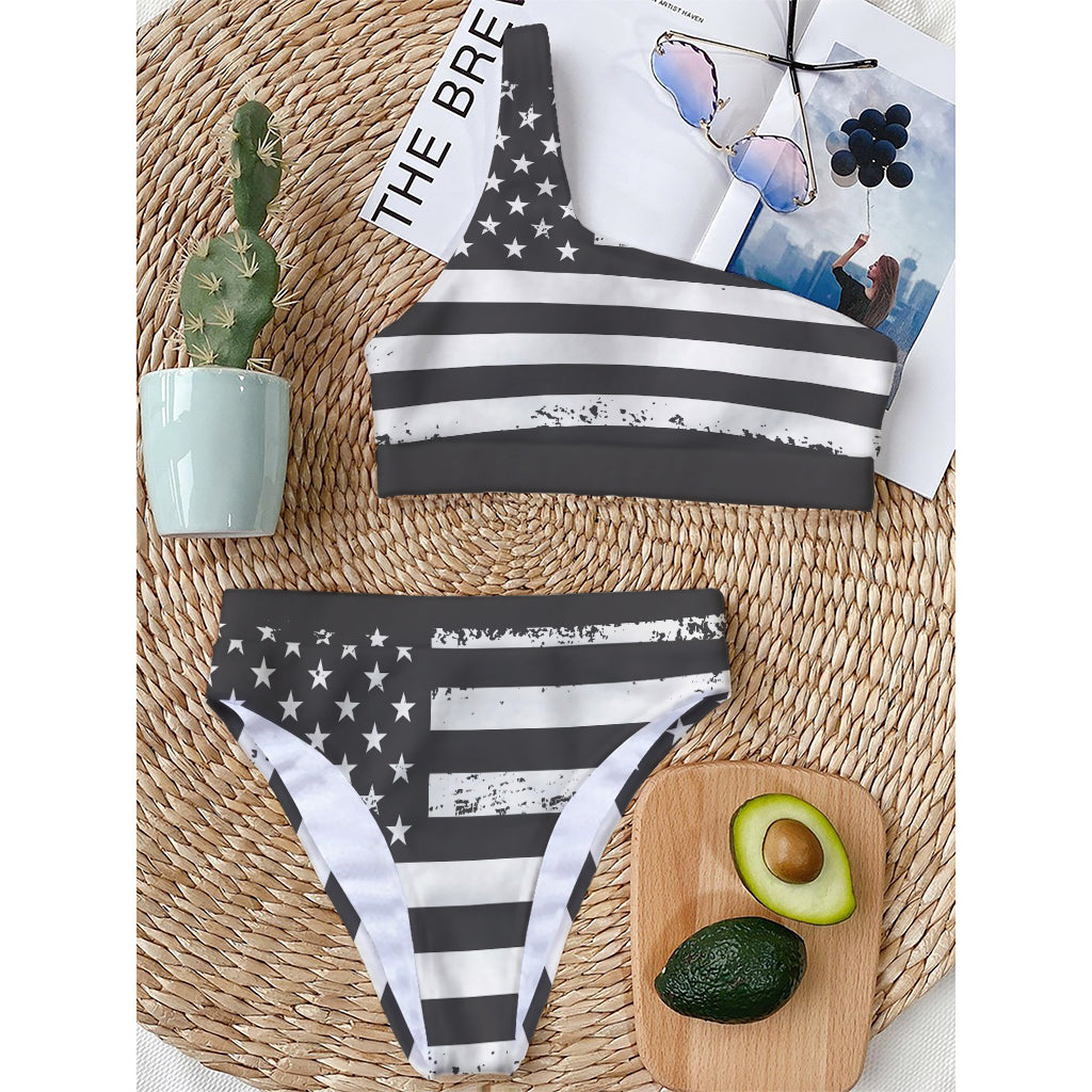 Grey And White American Flag Print One Shoulder Bikini Top
