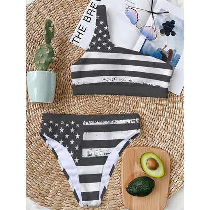 Grey And White American Flag Print One Shoulder Bikini Top