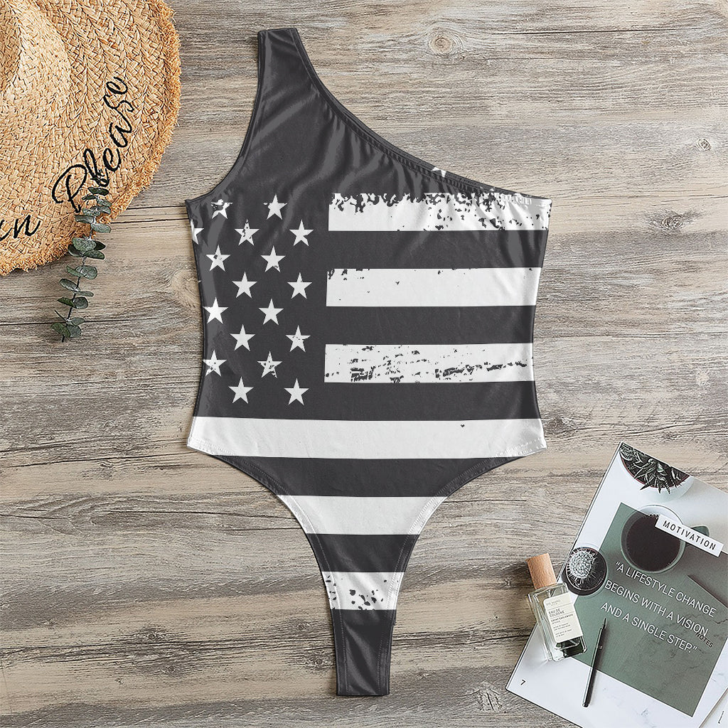 Grey And White American Flag Print One Shoulder Bodysuit
