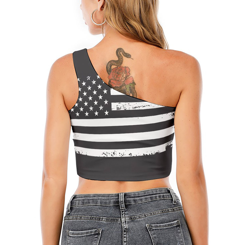 Grey And White American Flag Print One Shoulder Crop Top
