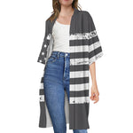 Grey And White American Flag Print Open Front Beach Cover Up