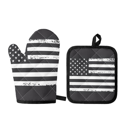 Grey And White American Flag Print Oven Mitt And Pot Holder Set