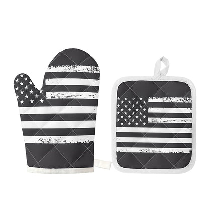 Grey And White American Flag Print Oven Mitt And Pot Holder Set