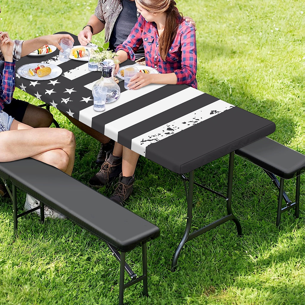 Grey And White American Flag Print Picnic Table Cover