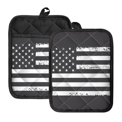 Grey And White American Flag Print Pot Holders With Pocket