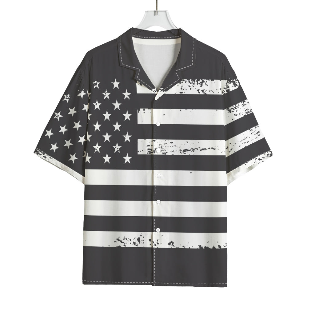 Grey And White American Flag Print Rayon Hawaiian Shirt