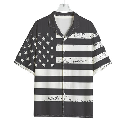 Grey And White American Flag Print Rayon Hawaiian Shirt