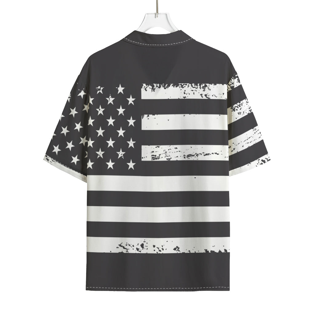 Grey And White American Flag Print Rayon Hawaiian Shirt