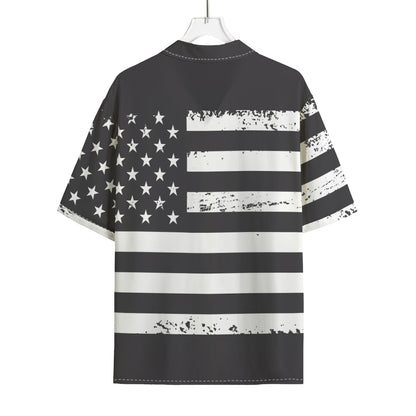 Grey And White American Flag Print Rayon Hawaiian Shirt