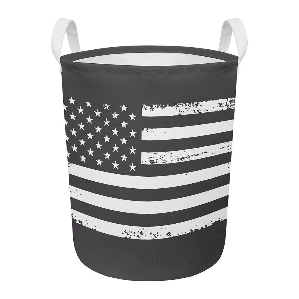 Grey And White American Flag Print Round Laundry Basket